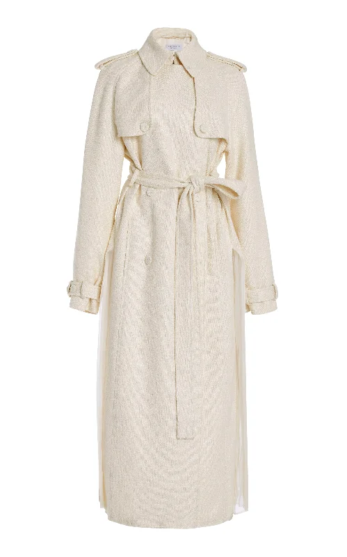 luxurious-women's-coats-Eithne Trench Coat in Ivory Silk Virgin Wool Slub