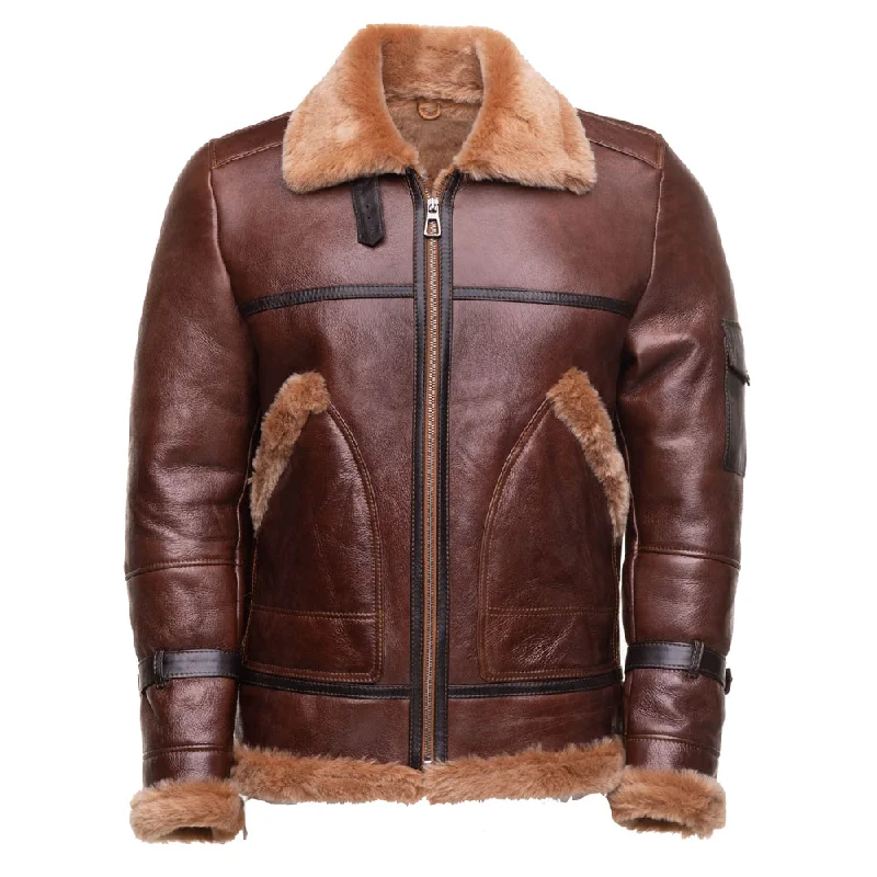 Esa Brown Bomber Sheepskin Shearling Jacket with large pockets