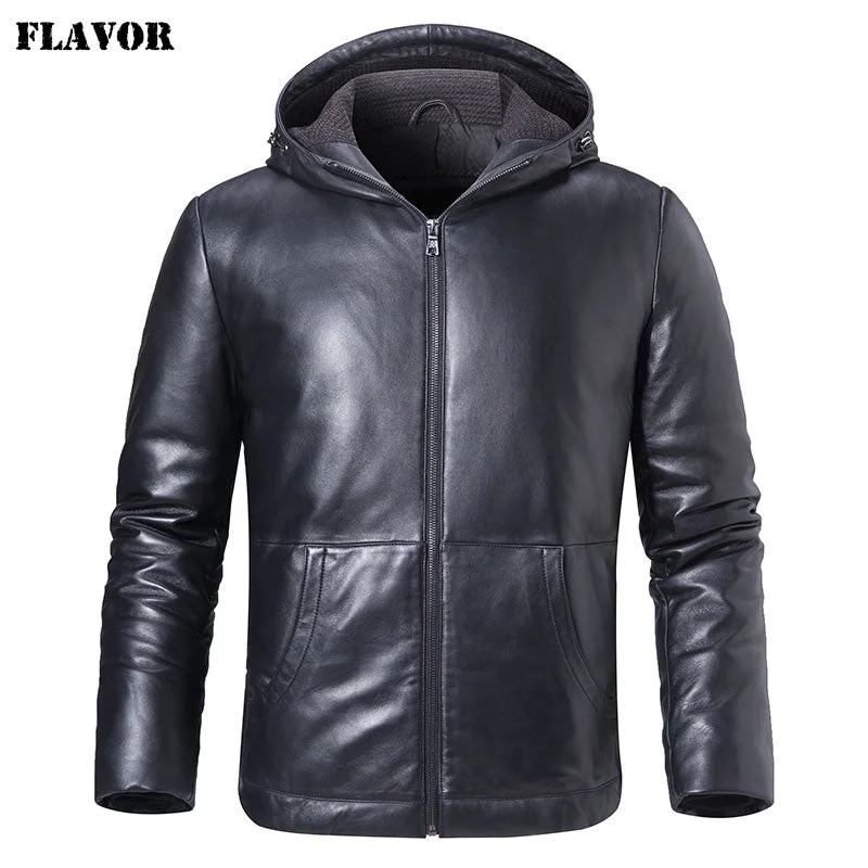 FLAVOR Men's Real Leather Down Jacket Hoodie Men Genuine Lambskin Winter Warm Leather White Duck Down Coat