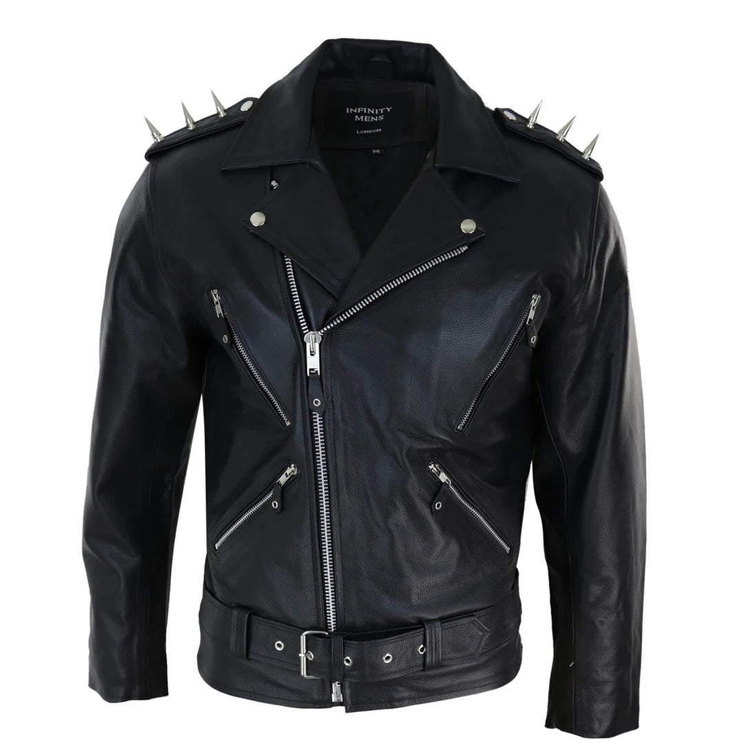 Men's Spike Hide Original Cross Zip Brando Biker Motorcycle Leather Jacket