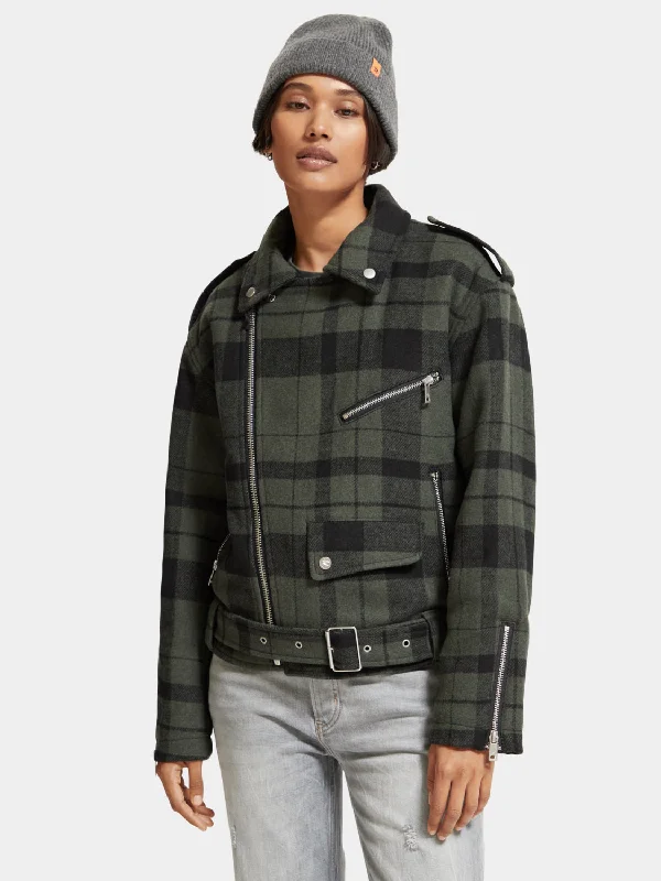 open-front-women's-coats-Green check biker jacket