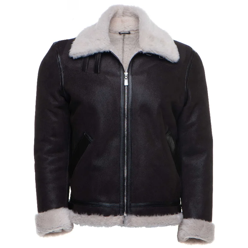 Hampton's Classic Brown B-3 Bomber Aviator Shearling Jacket with collar belt