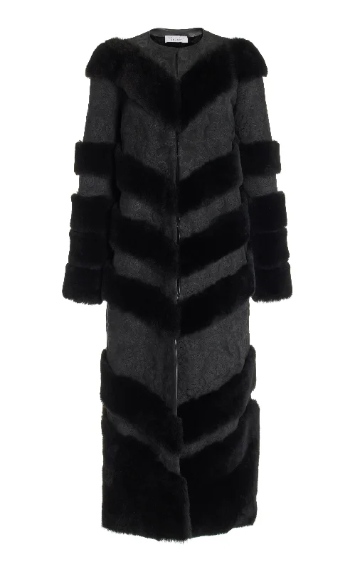 women's-cape-coats-Hugh Embroidered Coat in Black Suede with Shearling