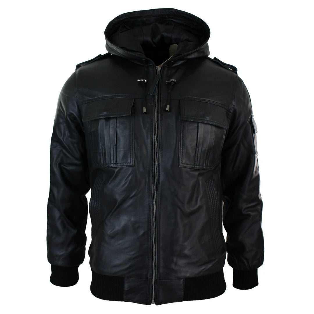 Men's Black Hooded Leather Jacket