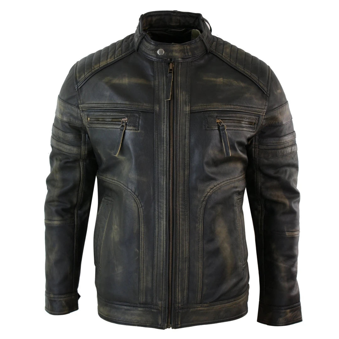 Men's Black Brown Biker Leather Jacket Distressed Zipped