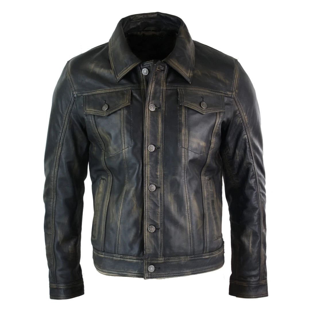 Men's Jeans Jacket Leather Short Washed Biker