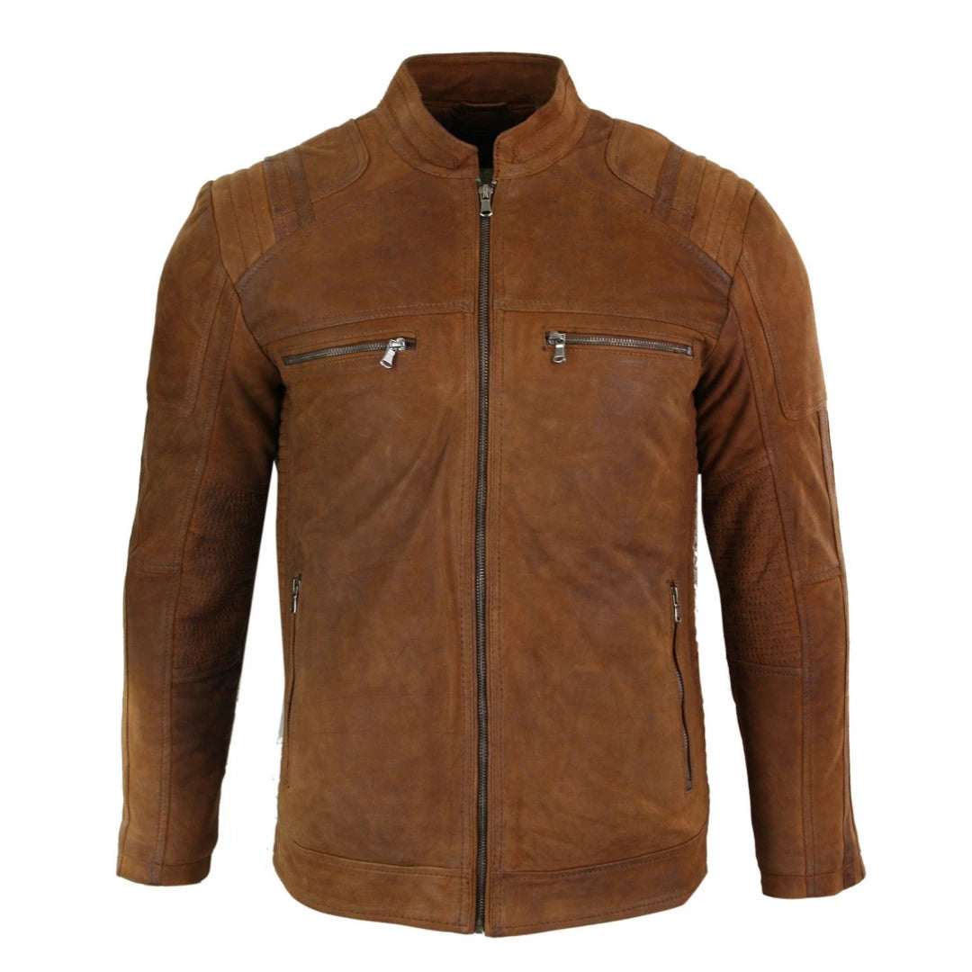 Men's Suede Leather Camel Zip Biker Racing Jacket Washed Nehru Collar