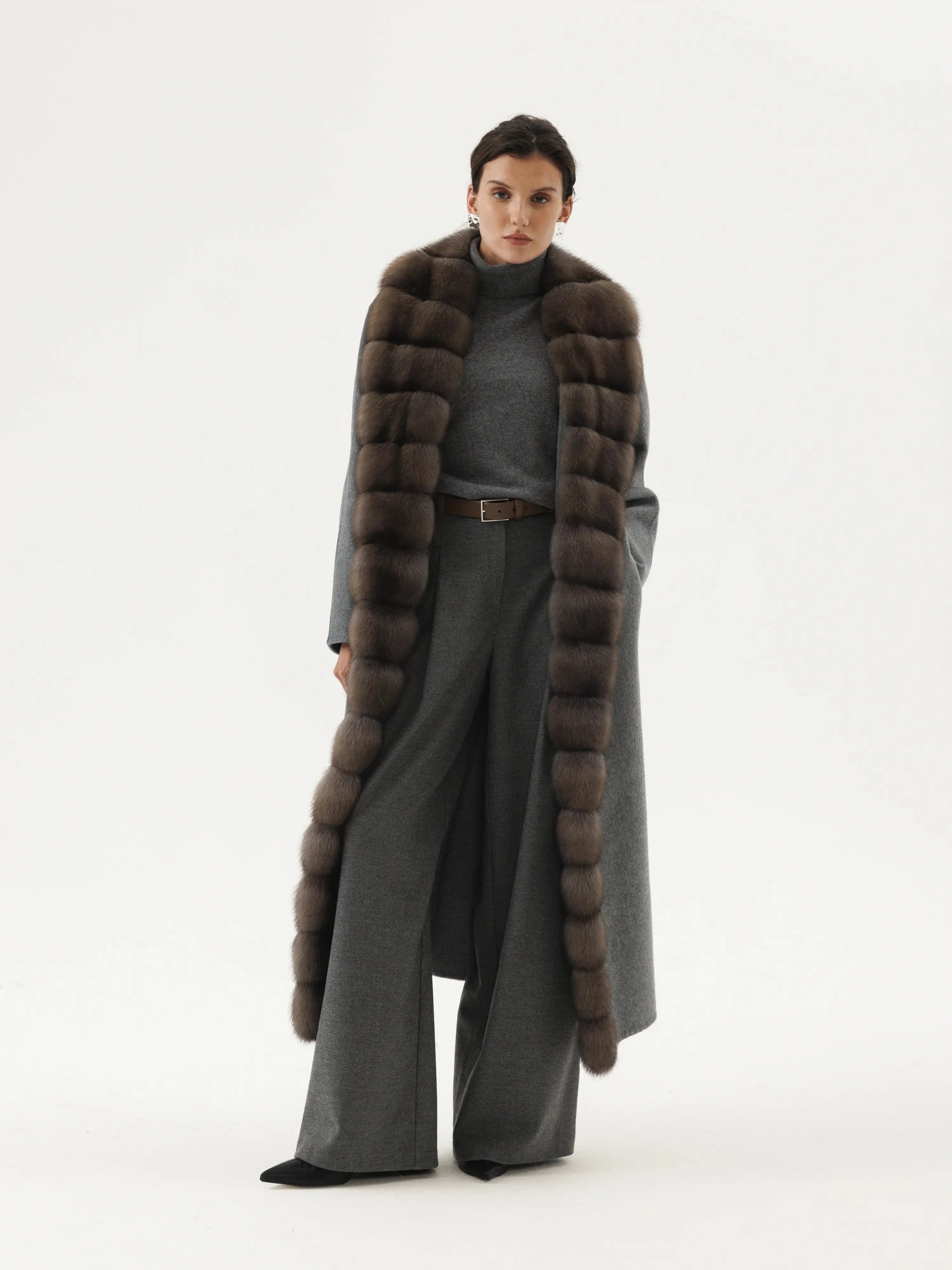 Cashmere coat with sable trim on the sides in graphite tone