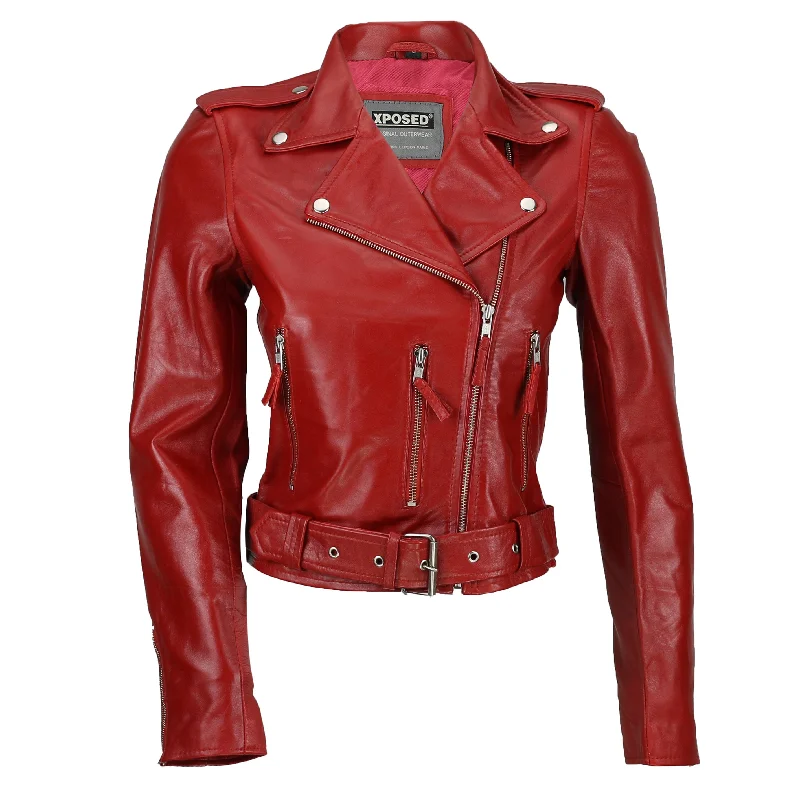 LADIES BIKER LEATHER JACKET IN RED