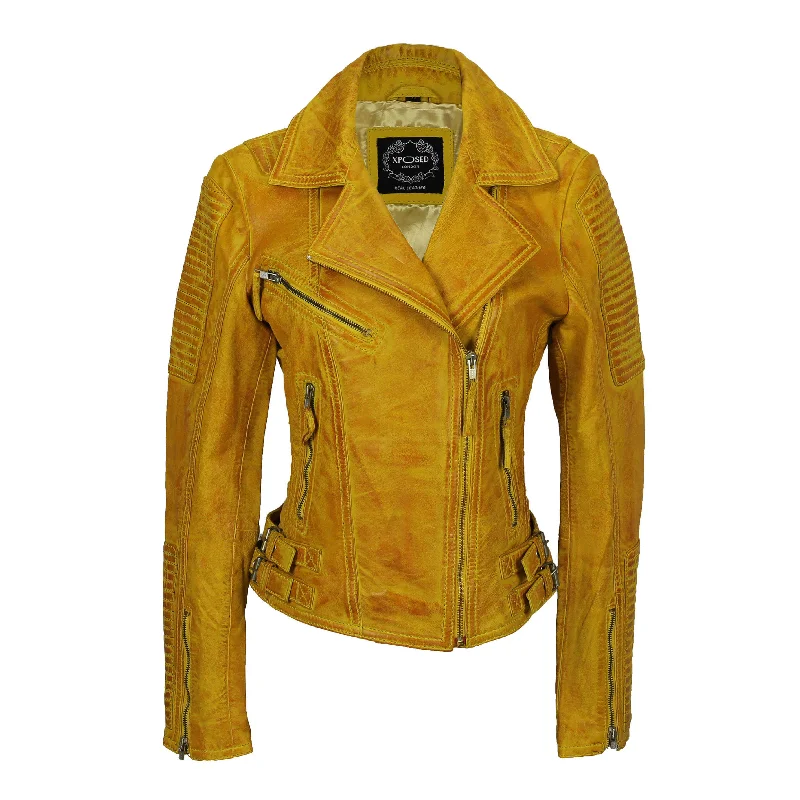 LADIES BIKER LEATHER JACKET IN YELLOW