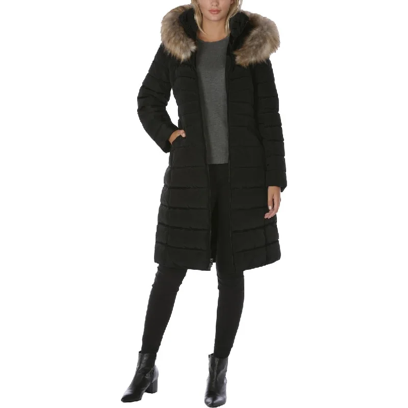 women's-coats-for-layering-Laundry by Shelli Segal Women's Hooded Long Puffer Coat with Faux Fur Trim