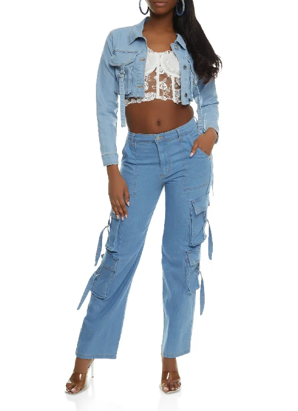 Denim Cropped Cargo Pocket Jean Jacket