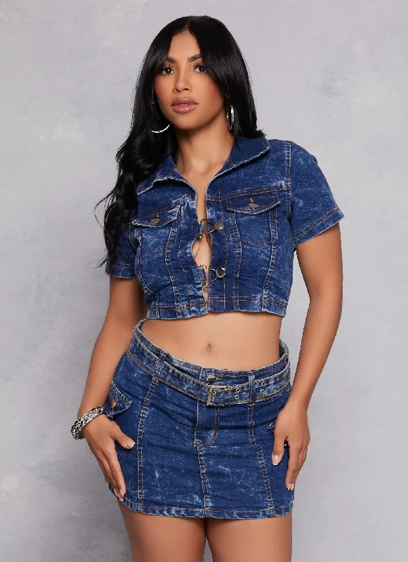 Hook Closure Cropped Acid Wash Denim Jacket