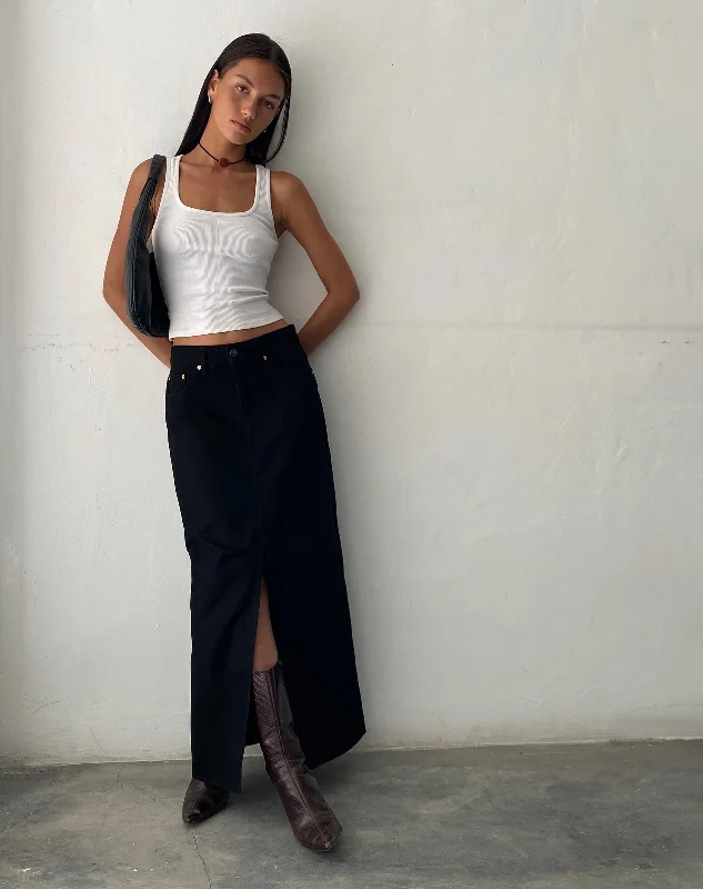 Low Rise Denim Maxi Skirt in Rinse Black