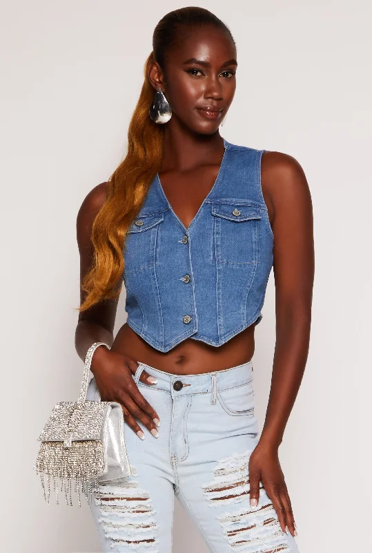 Haute Monde Denim Button Front Cropped Vest