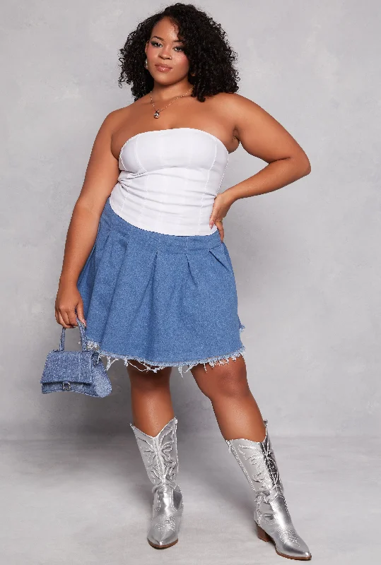 Plus Size Daisy Denim Frayed Hem Pleated Skirt