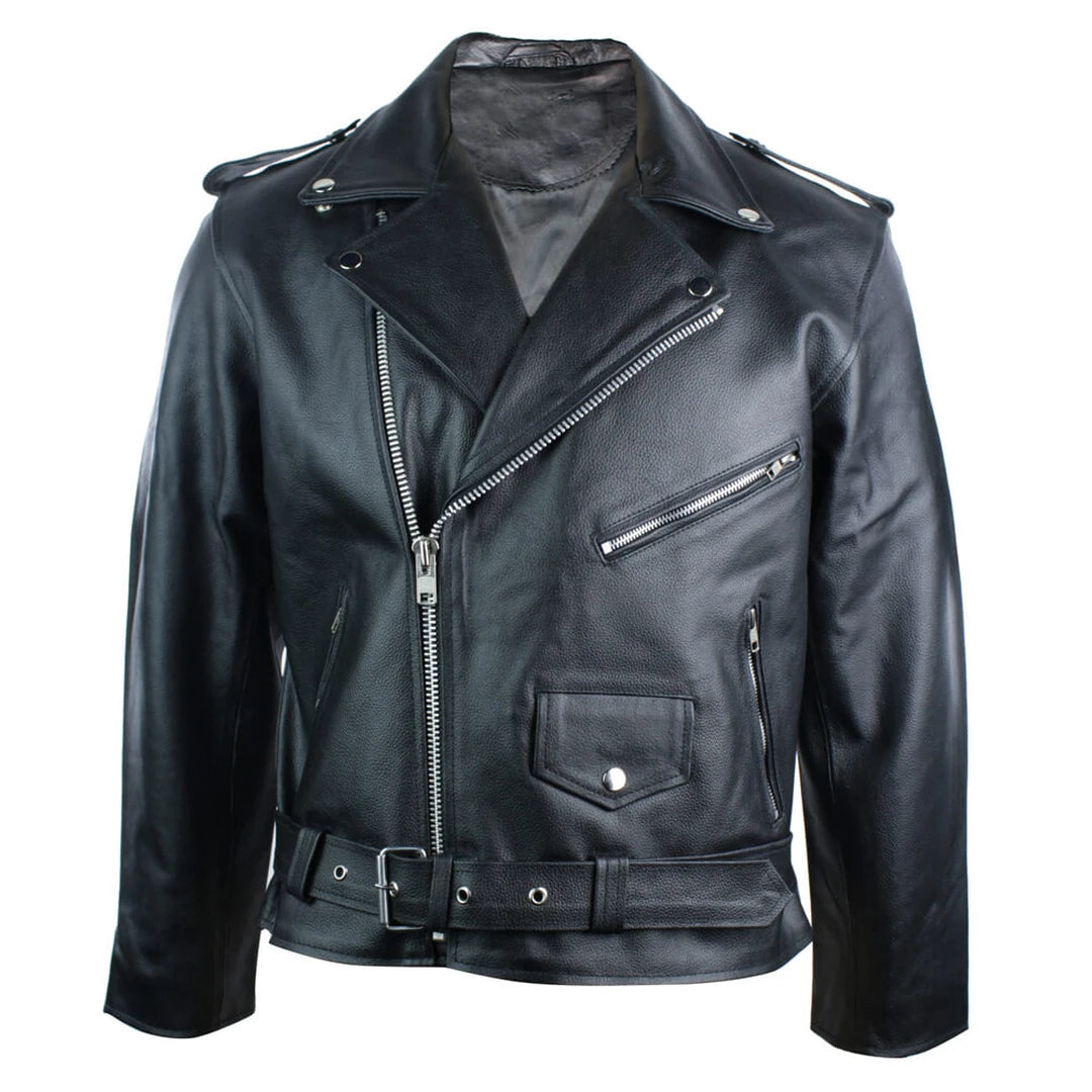 Men's 100% Leather Brando Classic Biker Jacket Black