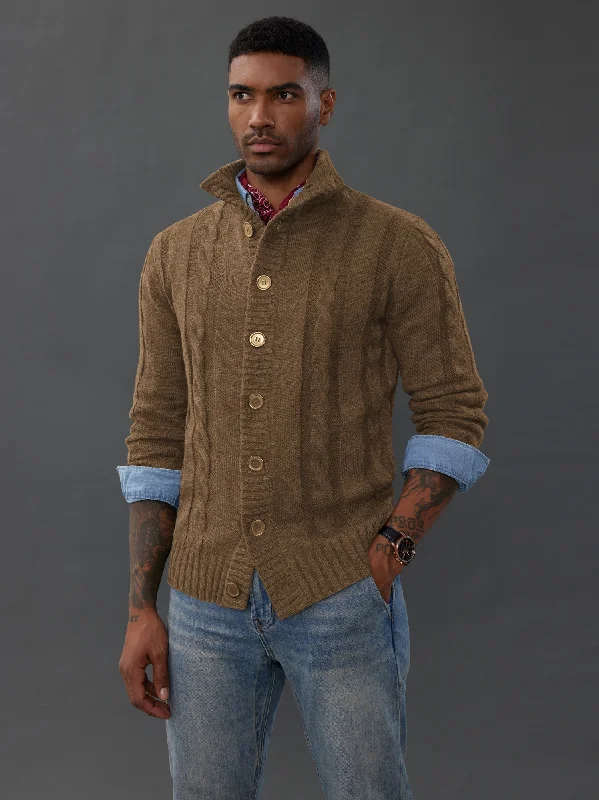 Men's Cardigan with Button Closure, Cable Knit Cardigan with Ribbed Stand-Up Collar for Autumn Winter