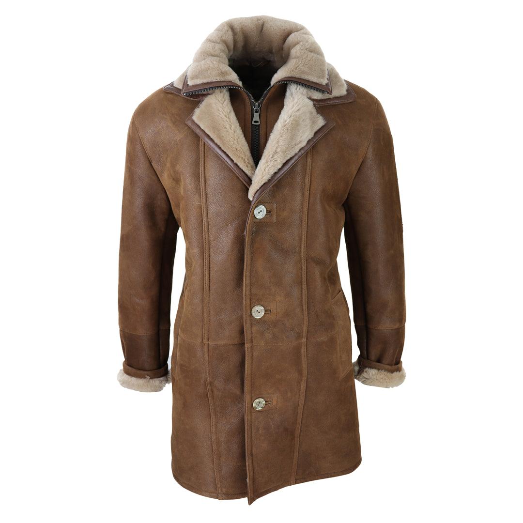 Mens 3/4 Duffle Jacket Real Sheepskin Long Smart Casual Button Zip Warm Coat