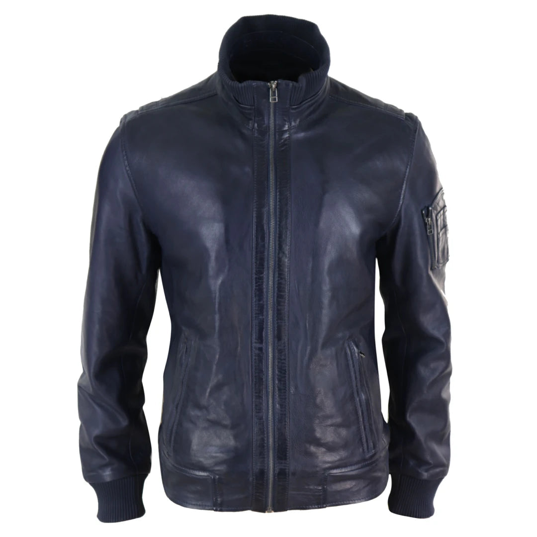 Men's Leather Bomber Jacket Blue Brown High Elasticated Neck