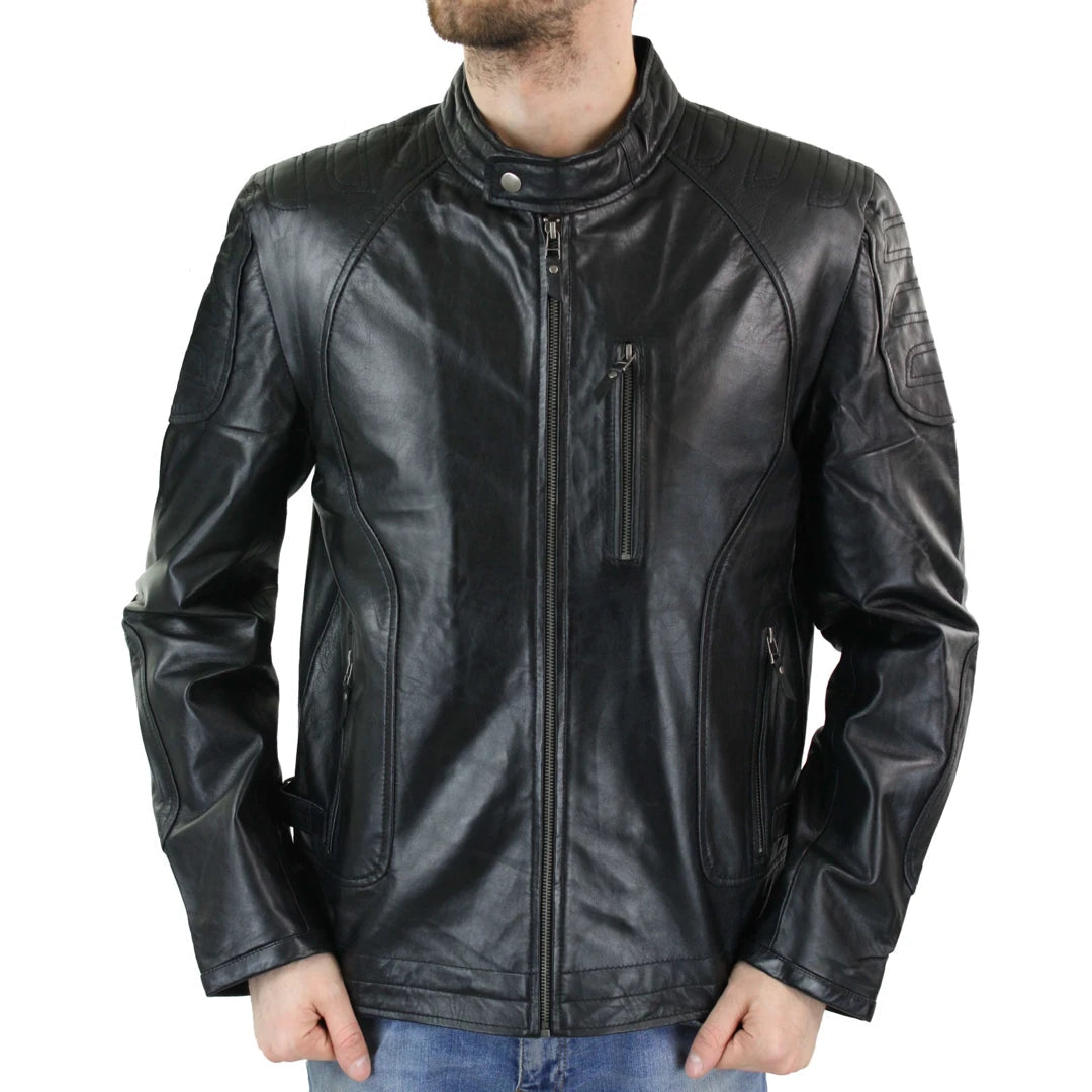 Men's Biker Leather Blue Black Zipped Jacket