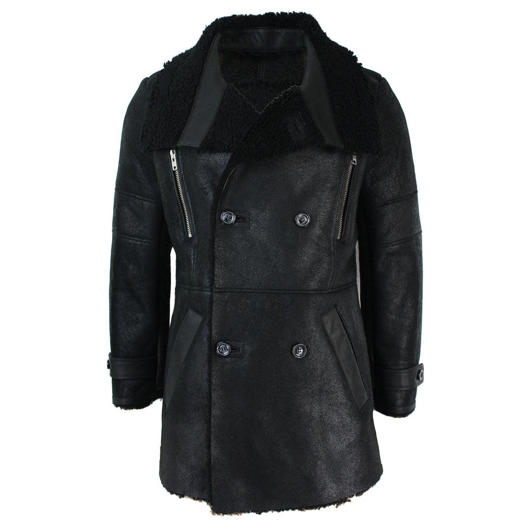 Mens Black 3/4 Military Real Sherling Sheepskin Batman Bane Double Breasted