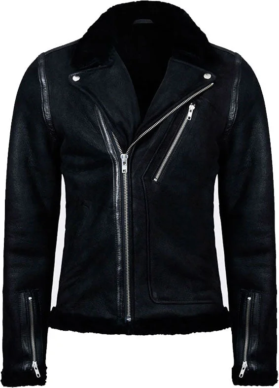 Mens Black Biker Leather Jacket With Fur