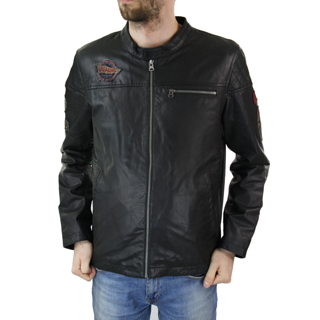 Men's Black Leather Biker Jacket Badges