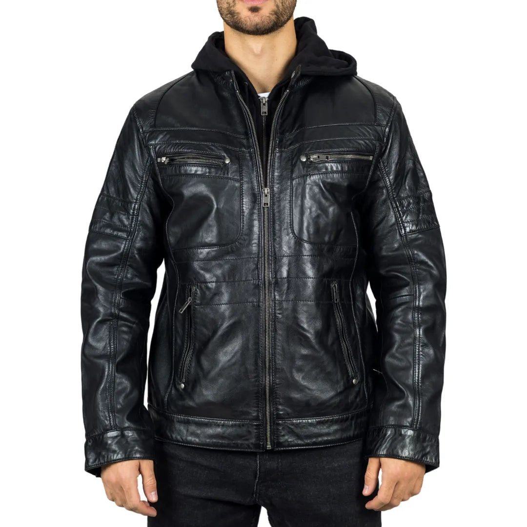 Men's Black Hooded Genuine Leather Biker Jacket