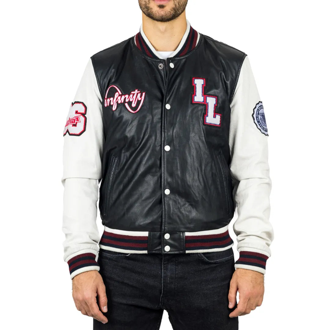 Men's Black Leather Letterman Bomber Jacket