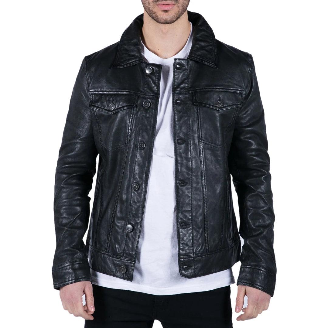 Mens Black real Leather Vintage Soft Jacket Short Jeans Style Classic Stud