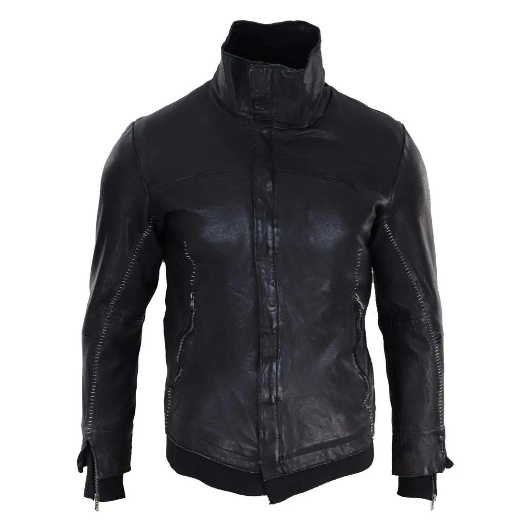 Mens Black Vintage Bomber Jacket Real Leather Distressed Slim Fit Stitch Retro