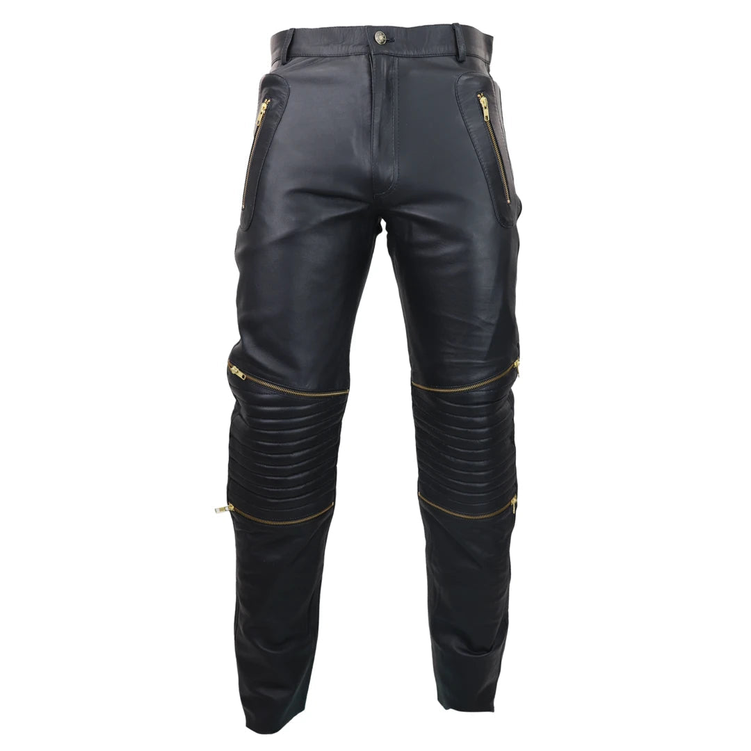 Men's Black White Leather Jeans Gold Zips Classic Goth Punk