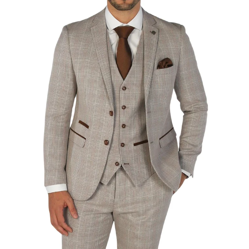 Men’s long blazers-Men's Blazer Beige Checked Tailored Fit Formal Suit Jacket