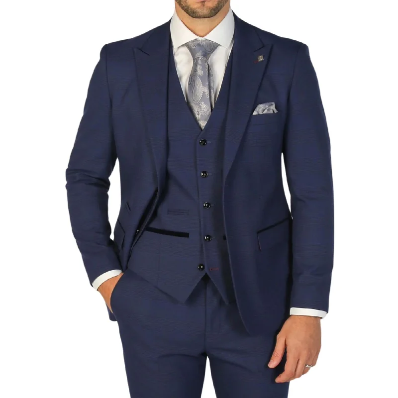 Men’s blazers with contrast buttons-Men's Blazer Navy Blue Checked Tailored Fit Formal Suit Jacket