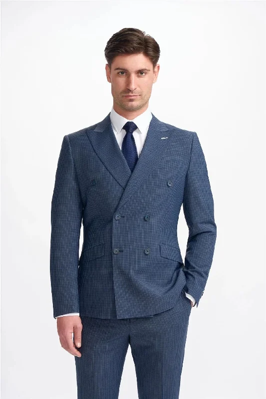 Men’s casual blazers with adjustable cuffs-Men's Blazer Navy Check Double Breasted Tailored Fit Formal Suit Jacket