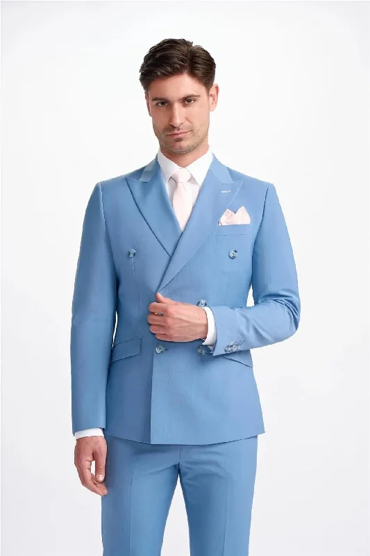 Men’s blazers for relaxed business look-Men's Blazer Sky Blue Double Breasted Tailored Fit Formal Suit Jacket