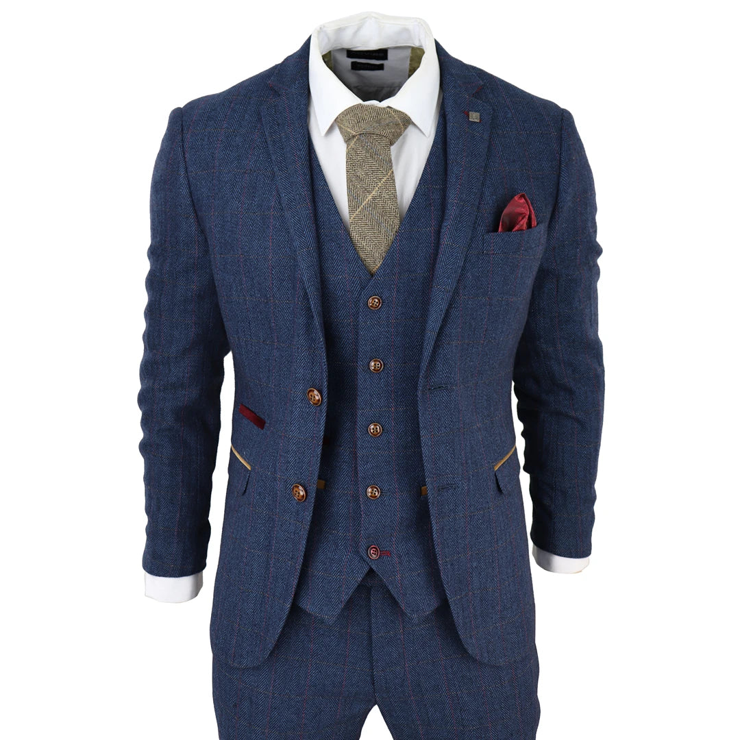 Mens Blue Blazer Herringbone Tweed Checked Formal Suit Jacket