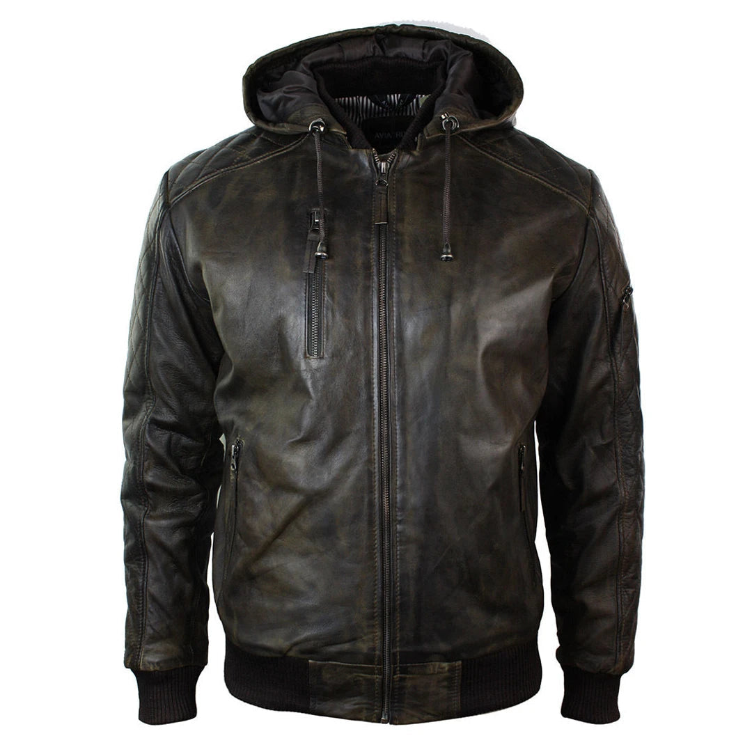 Men's Brown Washed Distressed Removable Hood Bomber Leather Jacket Quilted