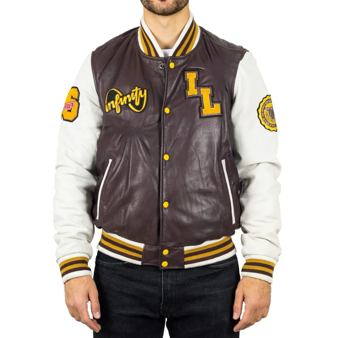 Men's Burgundy Leather Letterman Bomber Jacket