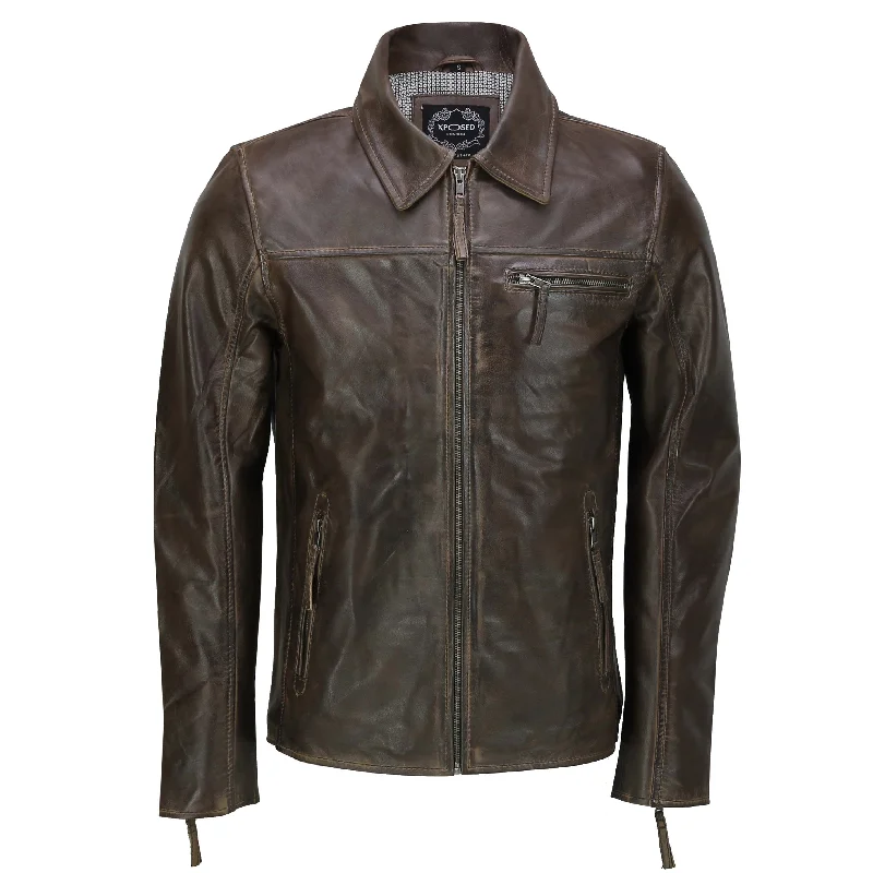 MEN'S COLLAR BIKER LEATHER JACKET IN BROWN