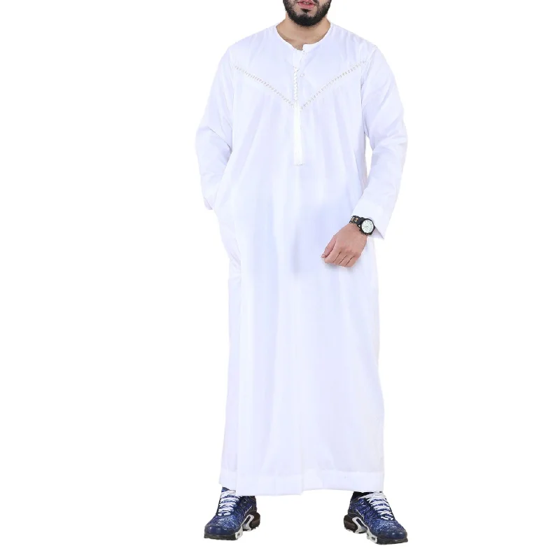 Mens Thobe Jubba Islamic Clothing Muslim Kaftan Emirati Omani Robe Casual Cotton