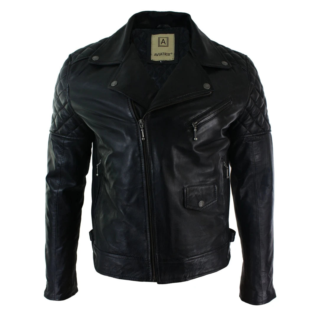 Men's Washed Brown Black Leather Biker Jacket Cross Zip