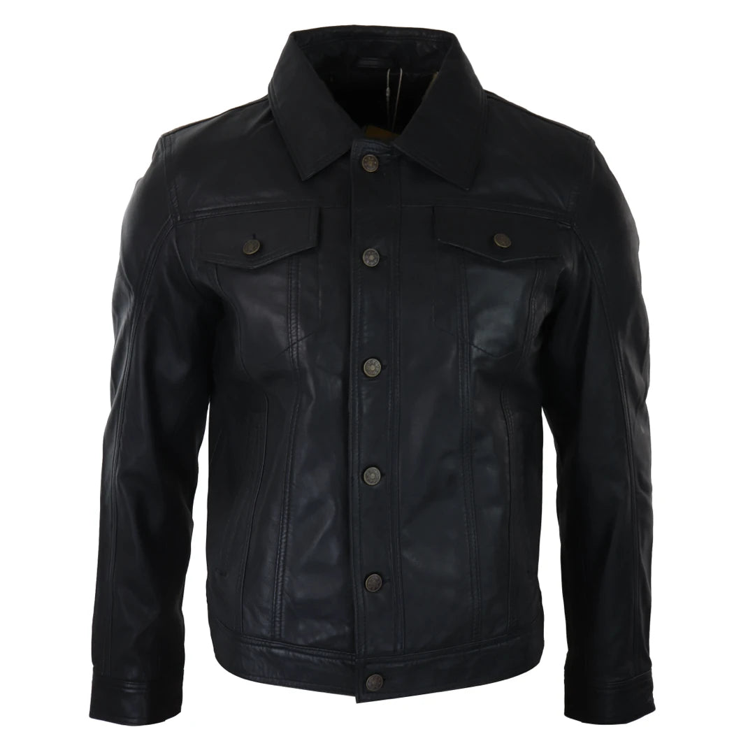 Men's Jeans Jacket Leather Short Washed Biker