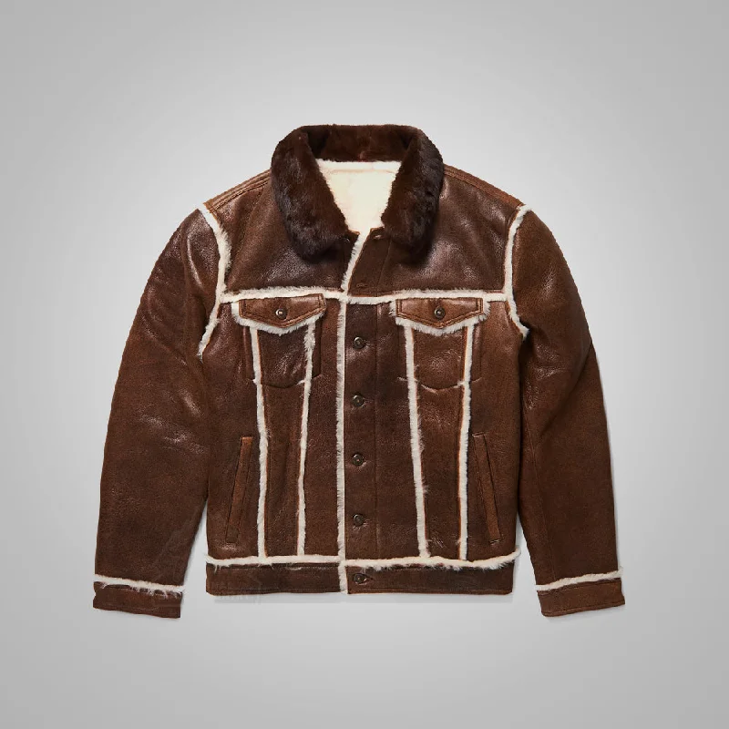 Men's Distressed Brown Sheepskin Flying Trucker Jacket