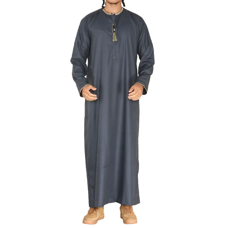 Mens Emirati Omani Thobe Jubba Islamic Clothing Muslim Kaftan Eid Robe Arab String Tassel