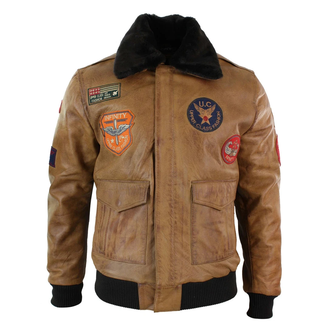 Men's Leather Air Force Pilot Bomber Jacket Tan Brown Badge