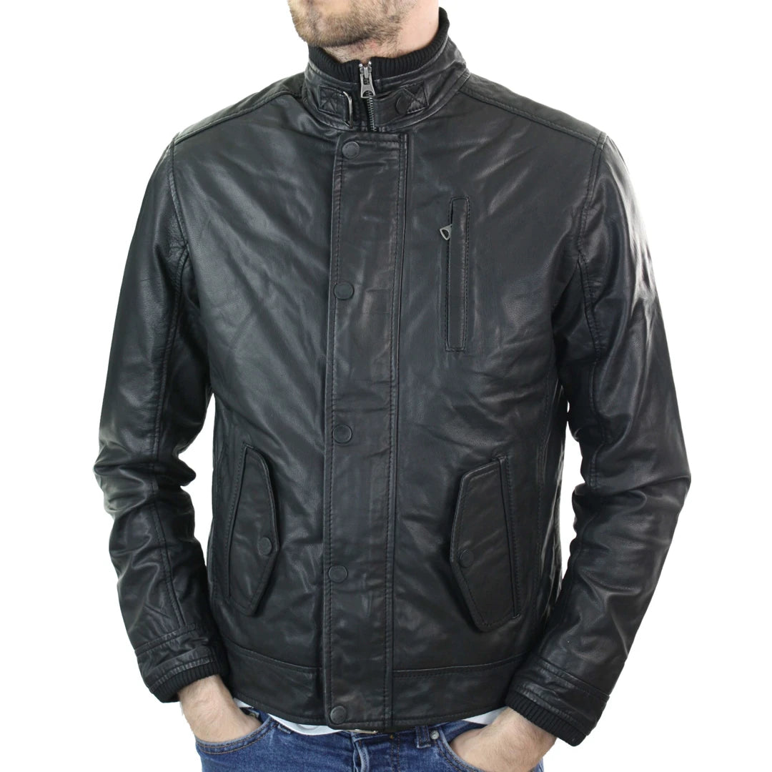 Men's Leather Zipped Black Jacket Short Coat