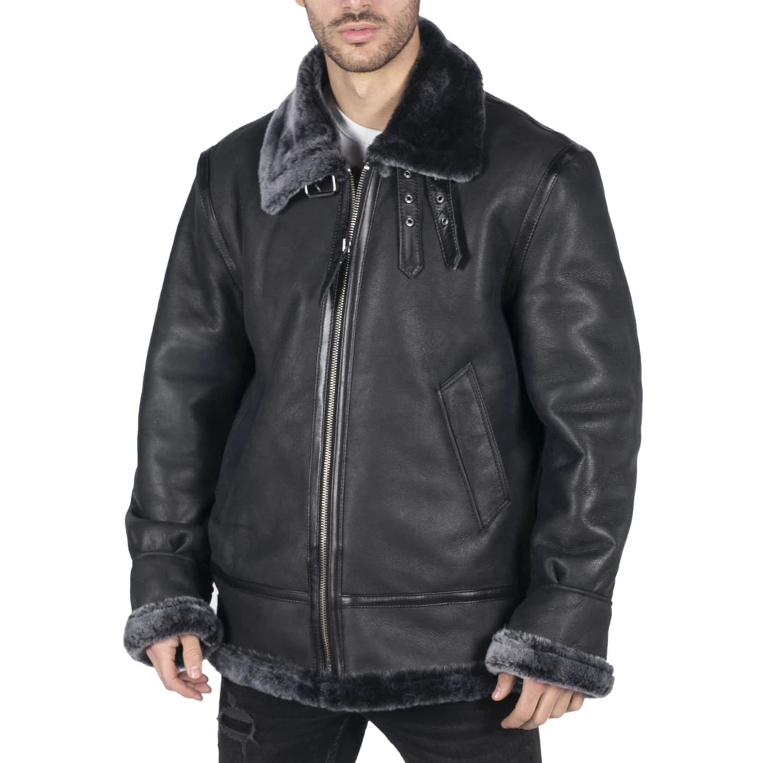 Men's Sheepskin Leather B3 Flying Aviator Jacket Black Grey Fur