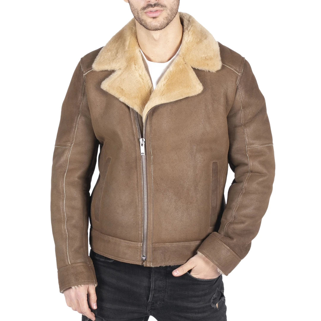 Men's Sheepskin Leather Cross Zip Flying Aviator Jacket Camel Brown Fur